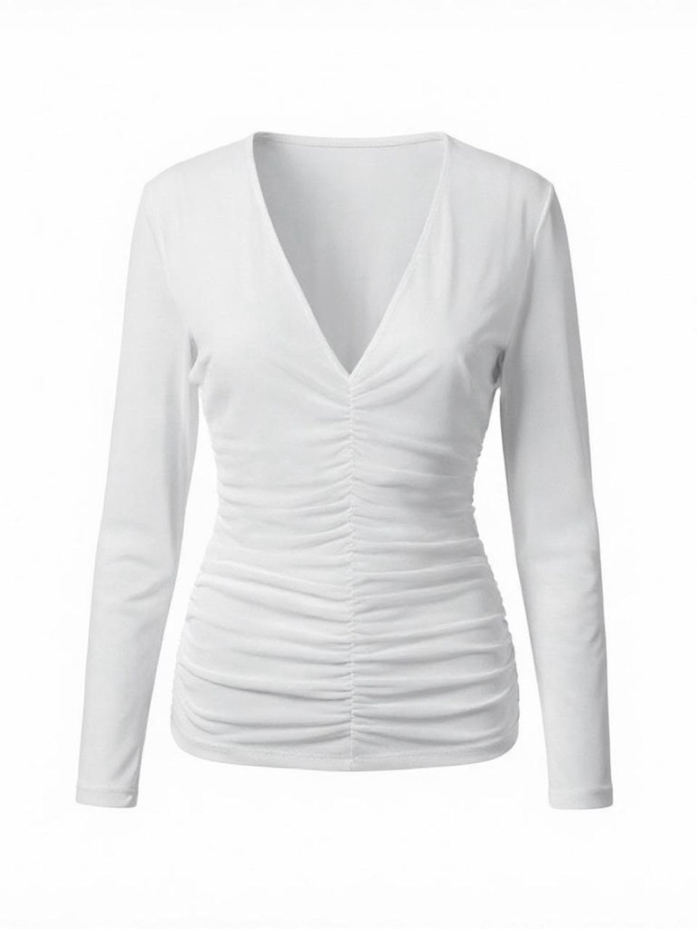 Norma Kamali White Mesh Ruched V-Neck Long Sleeve Top XL Sheer Stretch